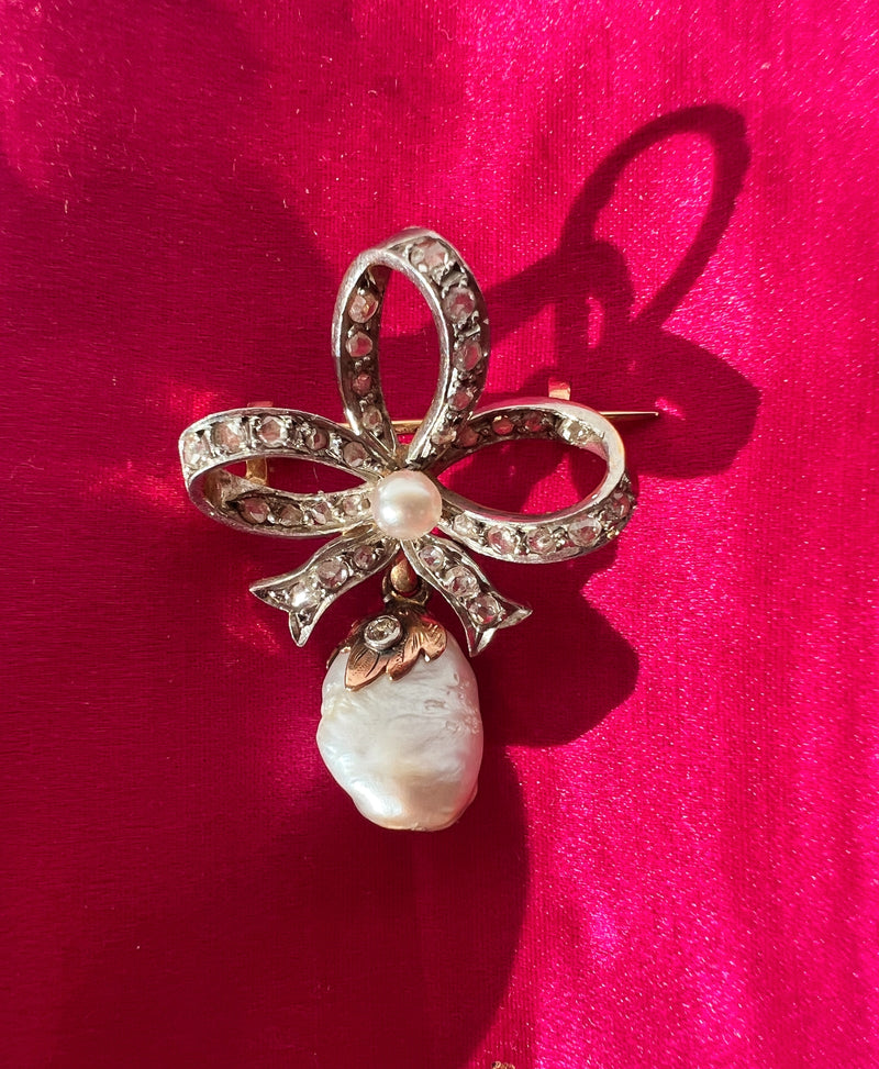 Antique 18K gold LFG certified natural pearl diamond bow brooch – Curiously  timeless